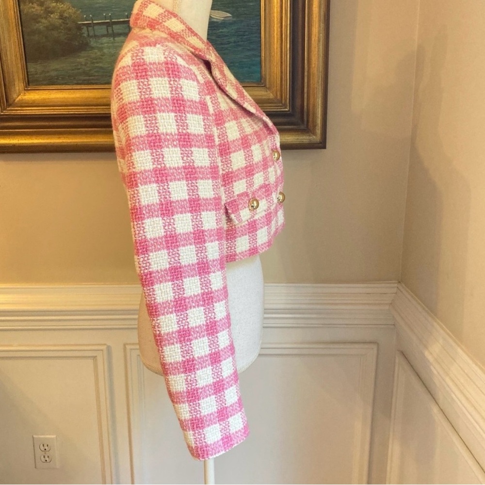 MANGO Pink White Plaid Check Tweed Cropped Blazer Jacket. - Picture 6 of 16